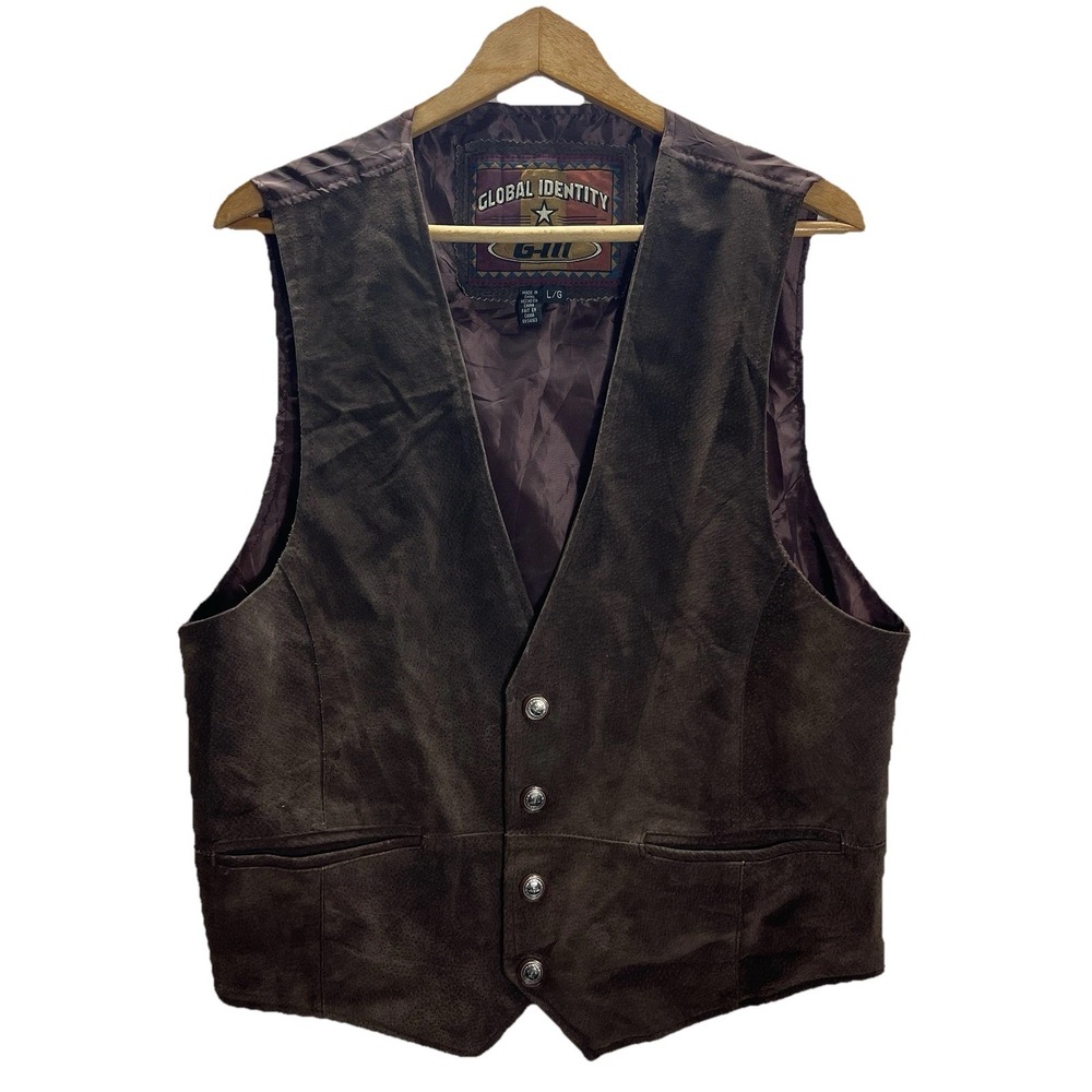 GIII Global Identity Mens L Brown Leather Western Biker Vest Buckle Back